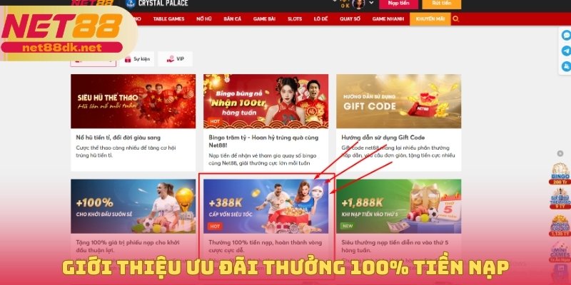 Giới thiệu ưu đãi thưởng 100% tiền nạp